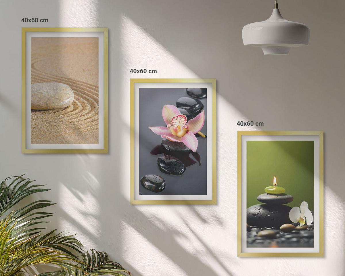 BILDER SET 3er Set - 40x60 cm Goldrahmen - Entspannende Zen-Steinmotive - Goldfarben, Kunststoff (40/60cm) - TULUP