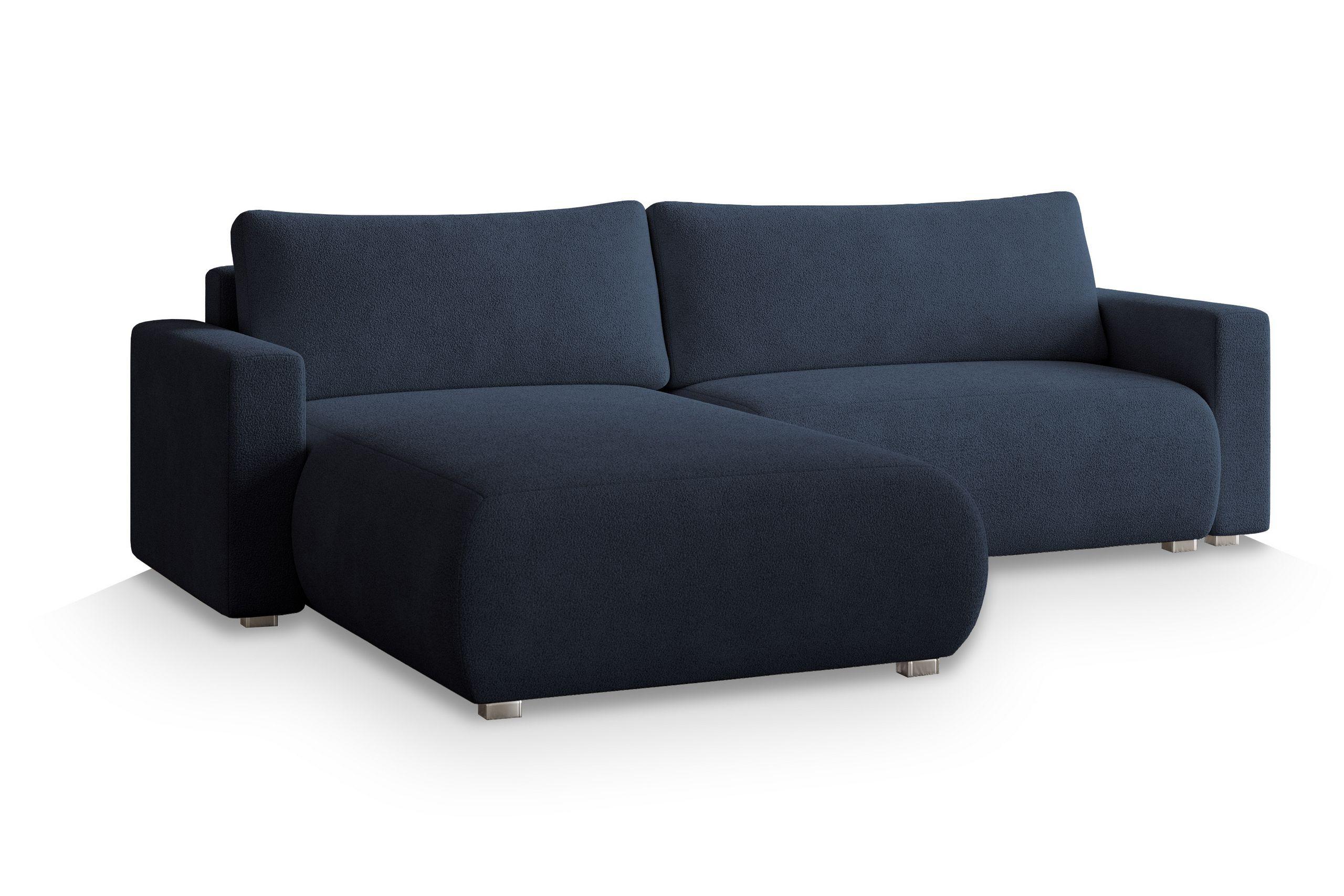 ECKSOFA TURIN N Blau Bucle-Stoff mit Schlaffunktion - Blau/Grau, Holz/Kunststoff (265/183cm) - MASSENO