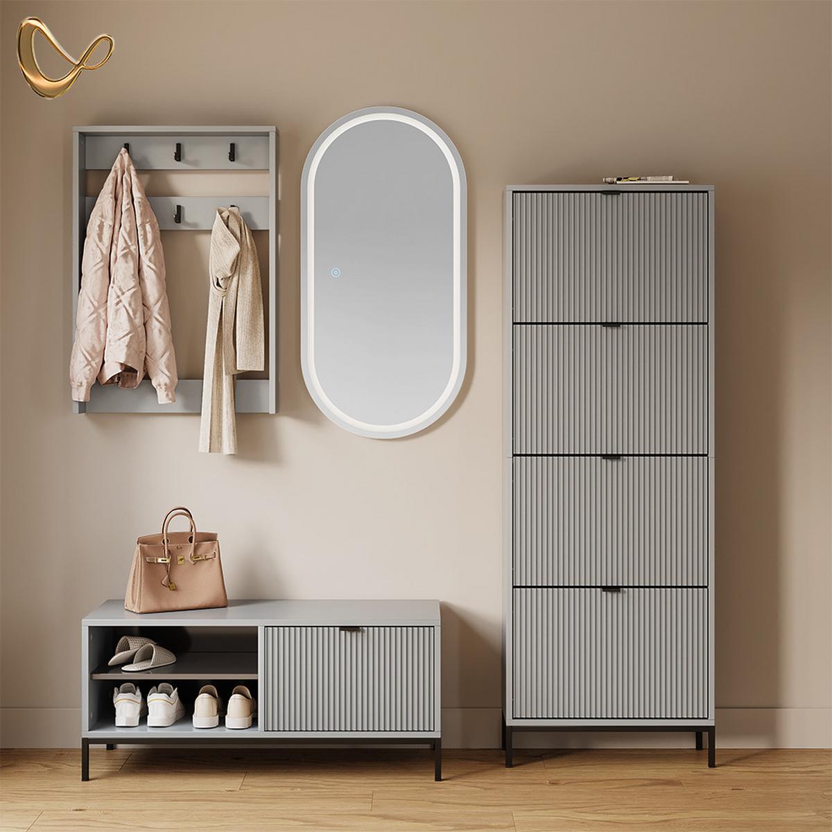 SCHUHKIPPER Aterno Grau 60 x 168 cm mit 4 Klappschubladen - Grau, Holzwerkstoff (60/168/24cm) - Livinity®