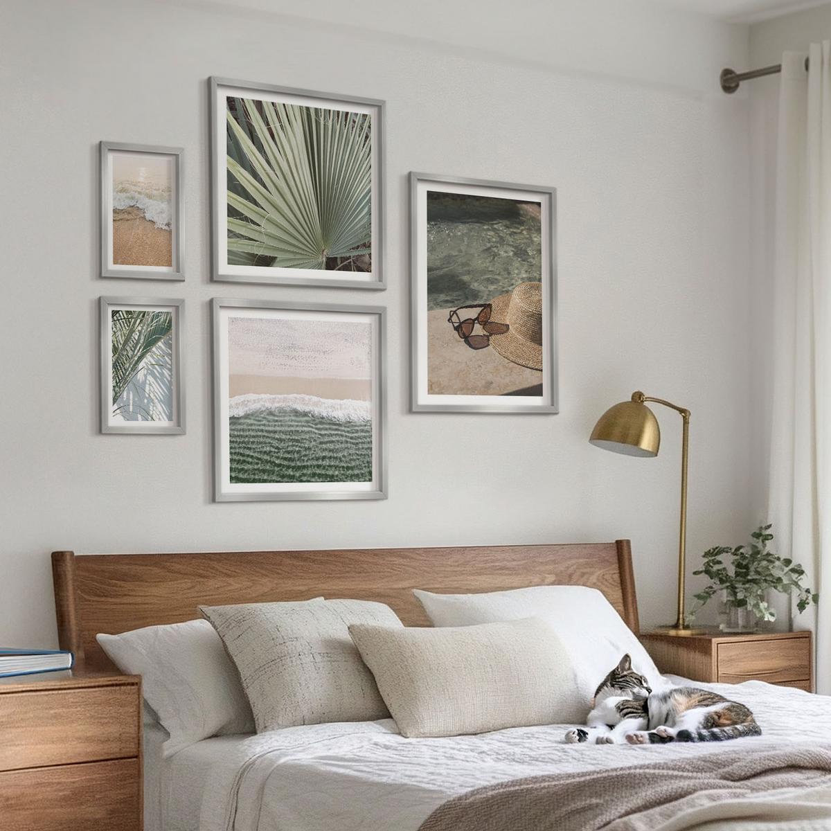 BILDER SET 5er Set - 50x50 cm & 20x30 cm & 40x60 cm Silberner Rahmen - Strandhut und Sonnenbrille - Silberfarben, Kunststoff (40/60cm) - TULUP