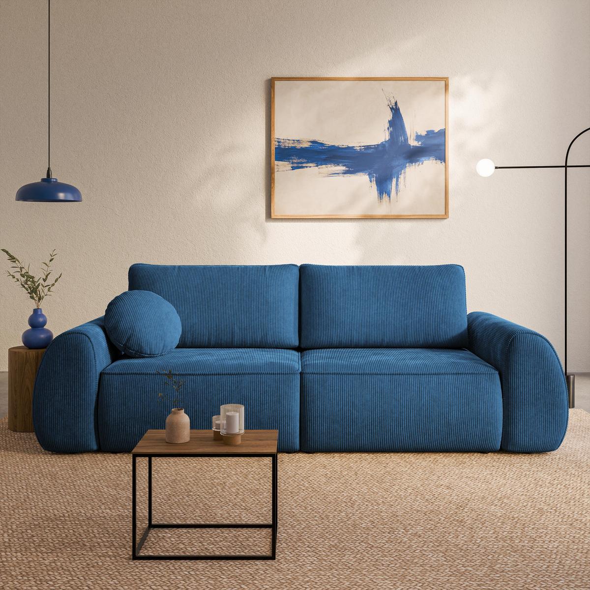 BETTSOFA ZEFEO Blau Kordstoff mit Schlaffunktion - Blau, Textil (264/96/106cm) - MASSENO