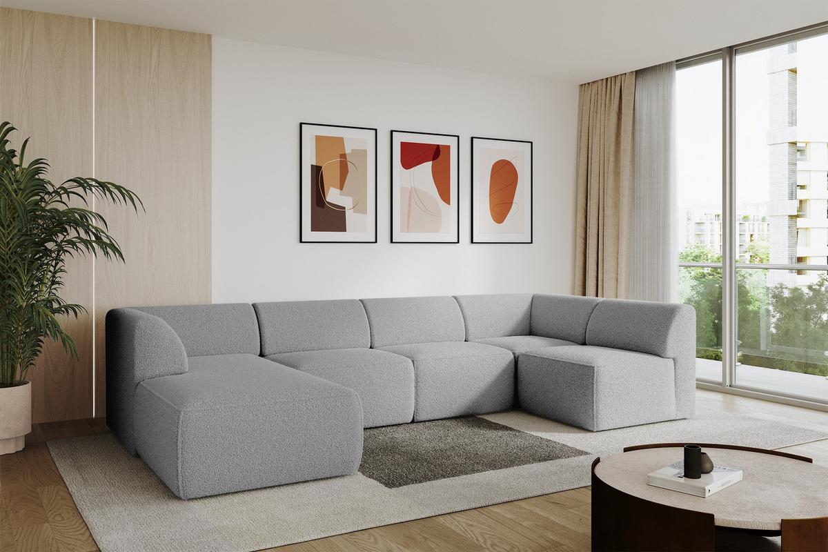 WOHNLANDSCHAFT Ottomane Links MOVO-L 345x180x78 cm Hellgrau Bouclé - Anthrazit, Holzwerkstoff/Kunststoff (345/78/180cm) - ALTDECOR