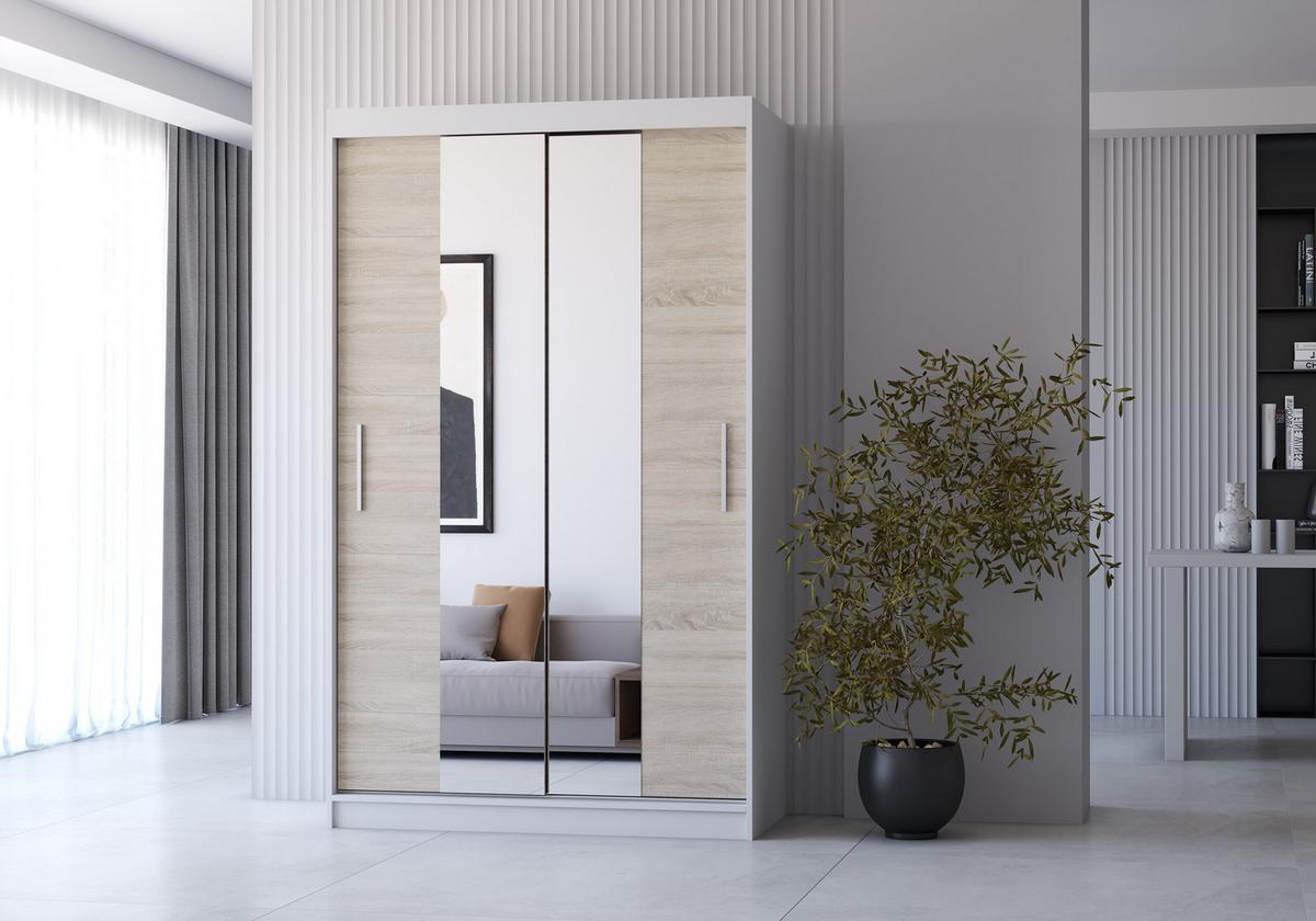 SCHWEBETÜRENSCHRANK Neomi 01 Weiß/Sonoma Eiche mit Spiegel 120 cm - Alufarben/Weiß, Holzwerkstoff/Kunststoff (120/200/61cm) - imoebel24