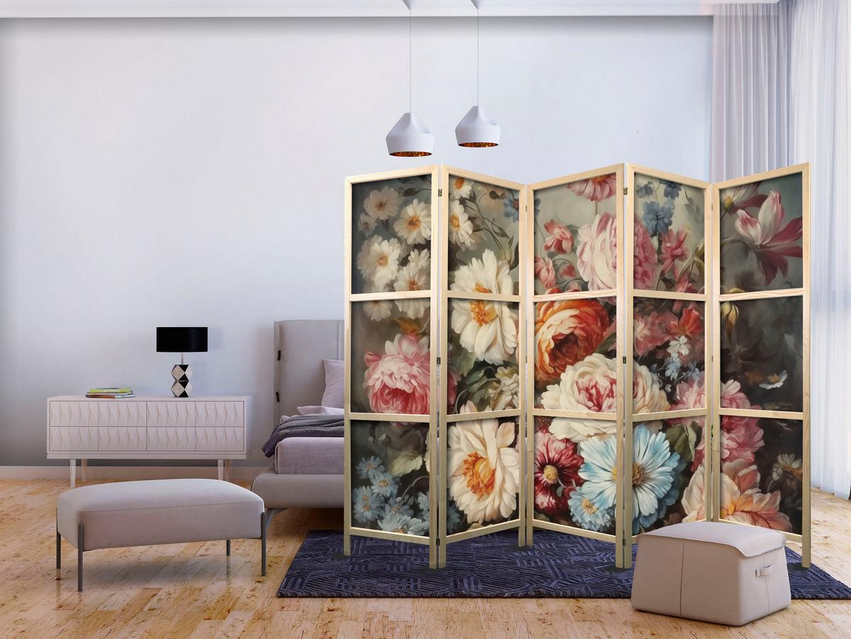 PARAVENT Japanischer 5-tlg 225x172 cm Bunte Blumen - Multicolor, Holz/Textil (225/172/3cm) - Muralo