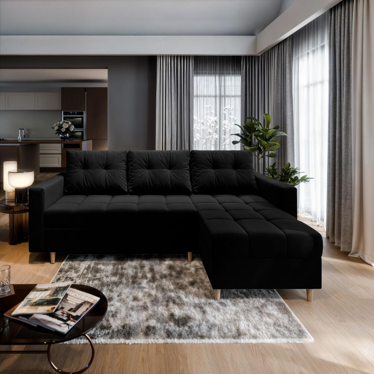 ECKSOFA MILO L Schwarz Plüsch-Stoff mit Schlaffunktion - Schwarz/Braun, Holz/Textil (220/140cm) - MASSENO
