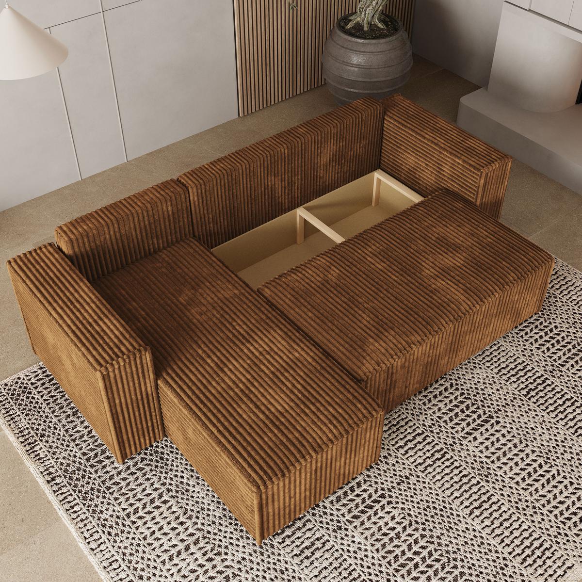 ECKSOFA RAVELO T Kupferfarben Kordstoff mit Schlaffunktion - Grau/Kupferfarben, Holz/Kunststoff (240/140cm) - MASSENO