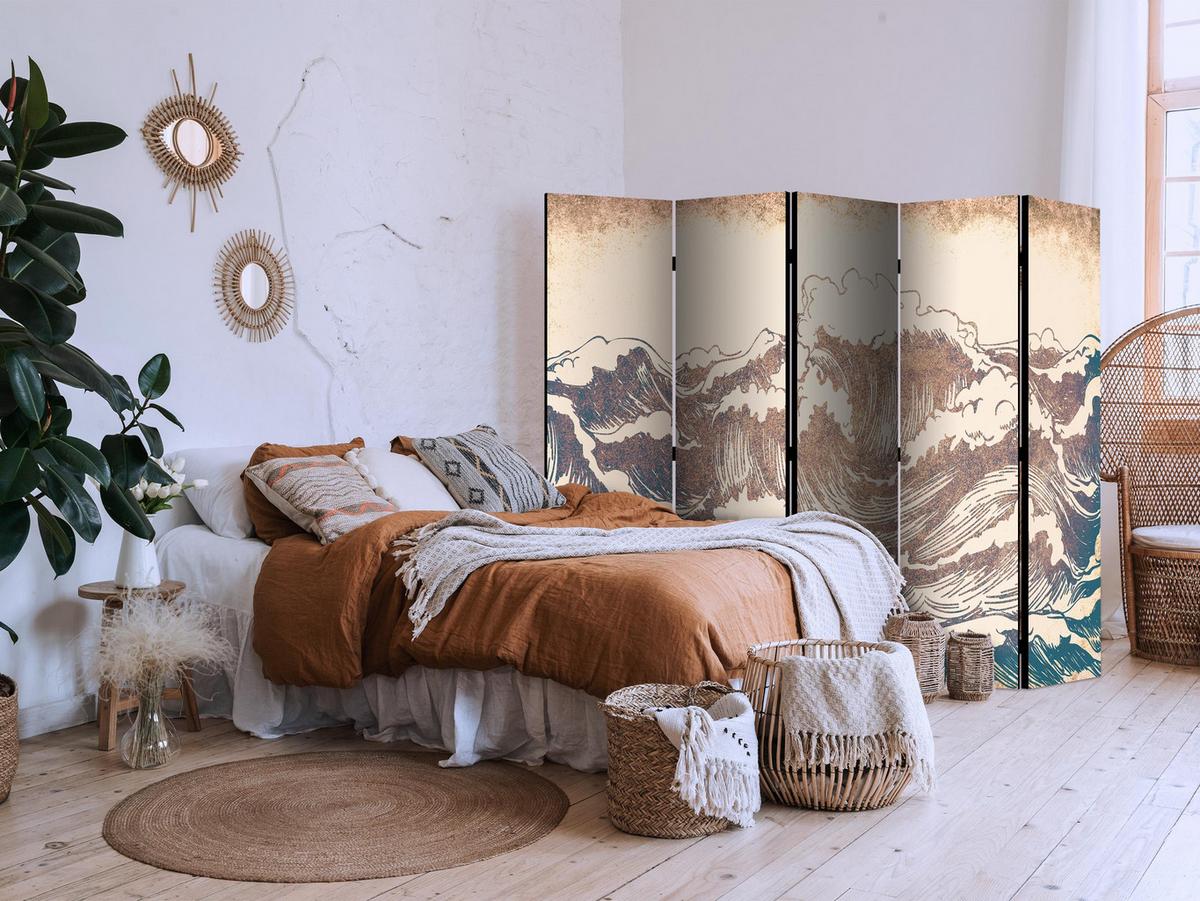 PARAVENT Einseitig Bedruckter 5-tlg 225x172 cm Ozeanwellen Retro - Beige, Holz/Textil (225/172/3cm) - Muralo