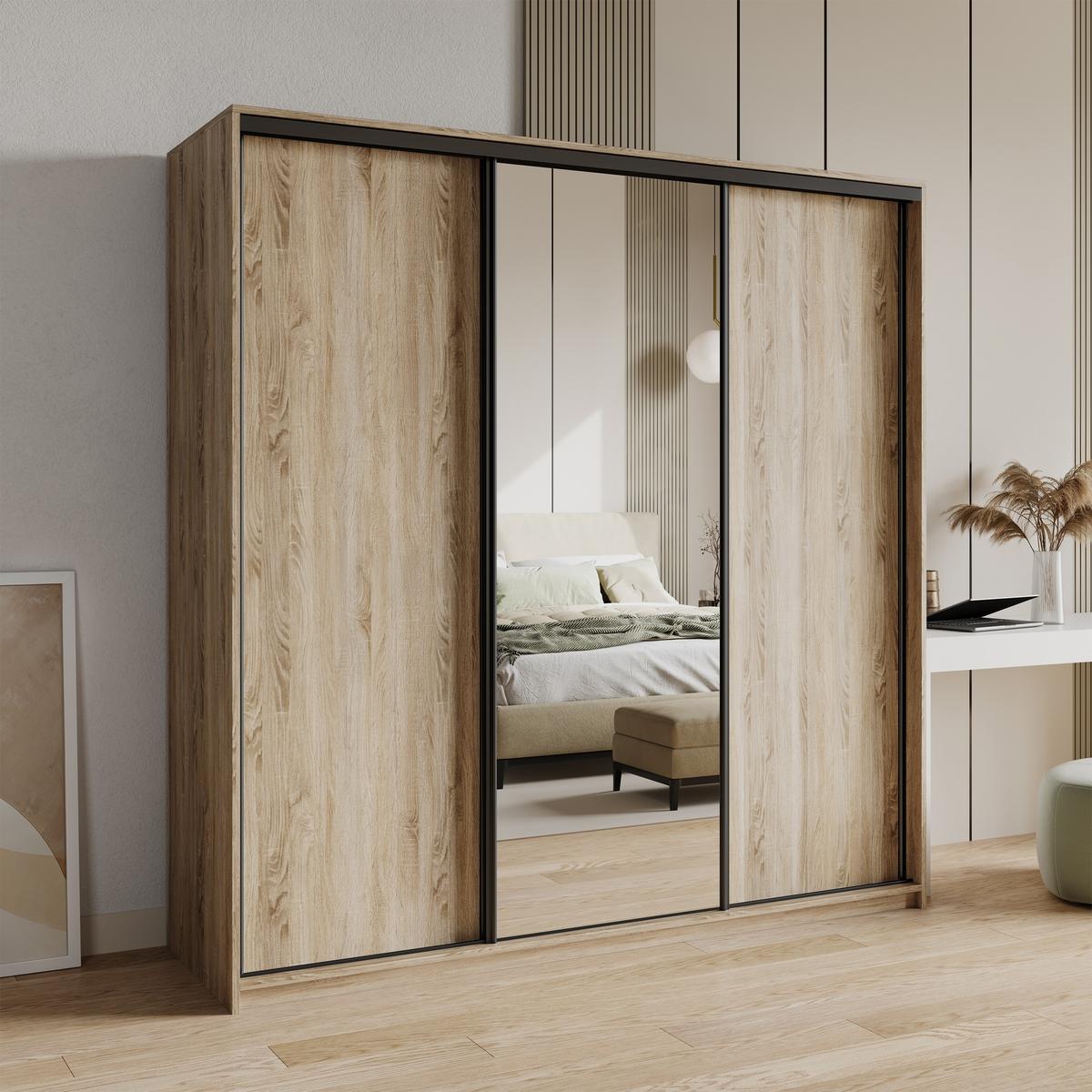SCHWEBETÜRENSCHRANK TAVI 200/205/60 cm 3-türig mit Spiegel Sonoma Eiche - Sonoma Eiche, Holzwerkstoff (200/205/60cm) - MASSENO