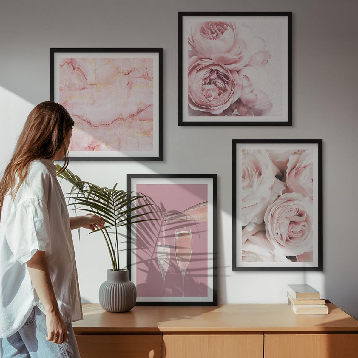 BILDER SET 4er Set - 50x50 cm & 40x60 cm Schwarzer Rahmen - Rosen, Champagner, Marmor, Pastell - Schwarz, Kunststoff (50/50cm) - TULUP