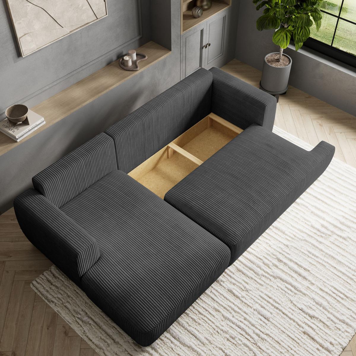 ECKSOFA SENTI P L-S Graphitfarben Kordstoff mit Schlaffunktion - Graphitfarben/Schwarz, Holz/Kunststoff (246/148cm) - MASSENO