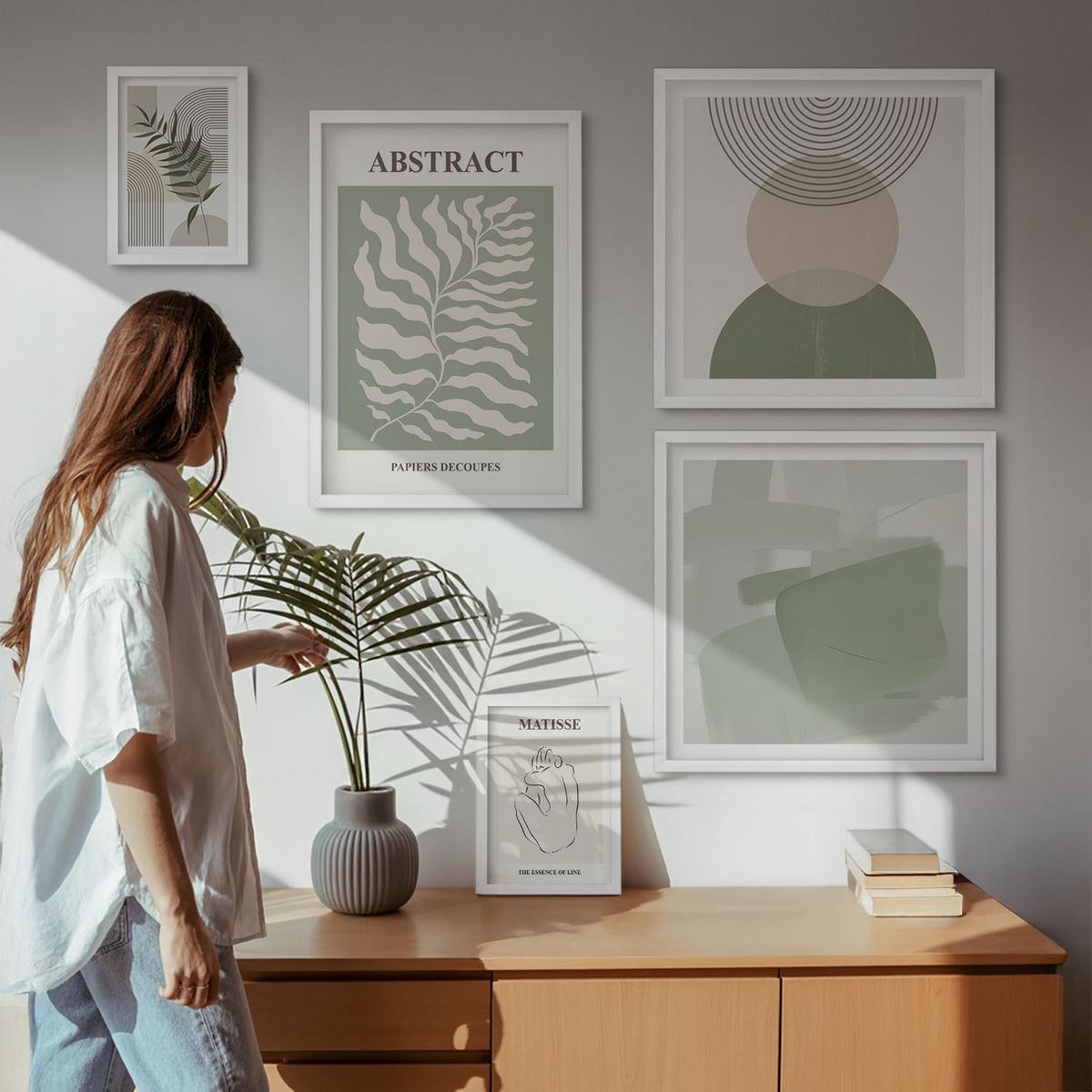 BILDER SET 5er Set - 50x50 cm & 20x30 cm & 40x60 cm Weißer Rahmen - Botanische Boho-Abstraktionen - Weiß, Kunststoff (40/60cm) - TULUP