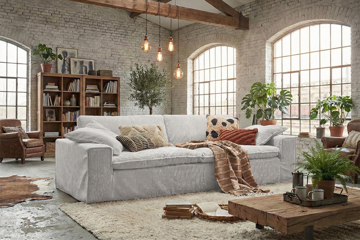 SOFA NETTA Hellgrau Cord - Hellgrau/Braun, Birkenholz/Textil (258/90/116cm) - KAWOLA