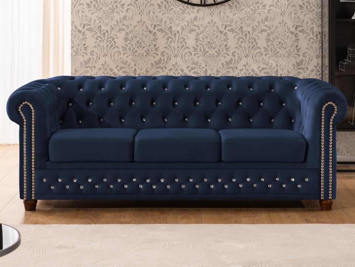CHESTERFIELD-SOFA 3-sitzer Cleo Blink Marineblau Samt mit Kristallsteppung und braunen Massivholzfüßen - Blau/Braun, Holz/Textil (203/72/86cm) - S-Style Möbel