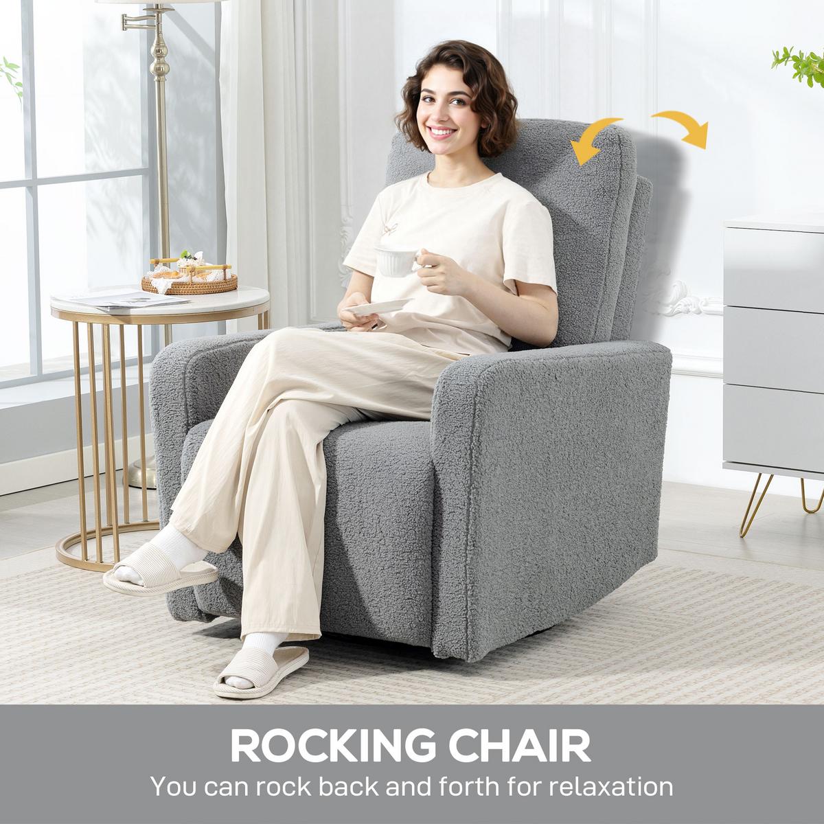 RELAXSESSEL, Fernsehsessel mit Liegefunktion, Wippfunktion, Fleece-Optik Grau - Grau, Textil/Metall (76/100/94cm) - HOMCOM