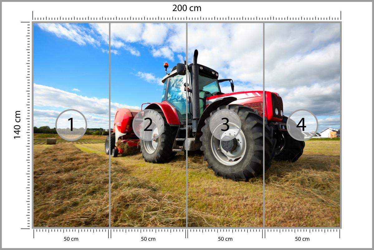 FOTOTAPETE Roter Traktor Feld Ernte Landwirtschaft Rustikal 200x140 - Gelb/Rot, Papier (200/140cm) - Muralo
