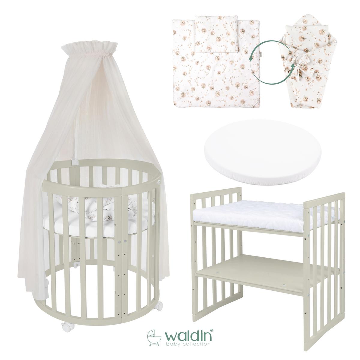 BABYBETT OLIVE OVAL 7in1 mit Matratze und Himmelset - Champagner/Olivgrün, Holz/Textil (73/125cm) - waldin