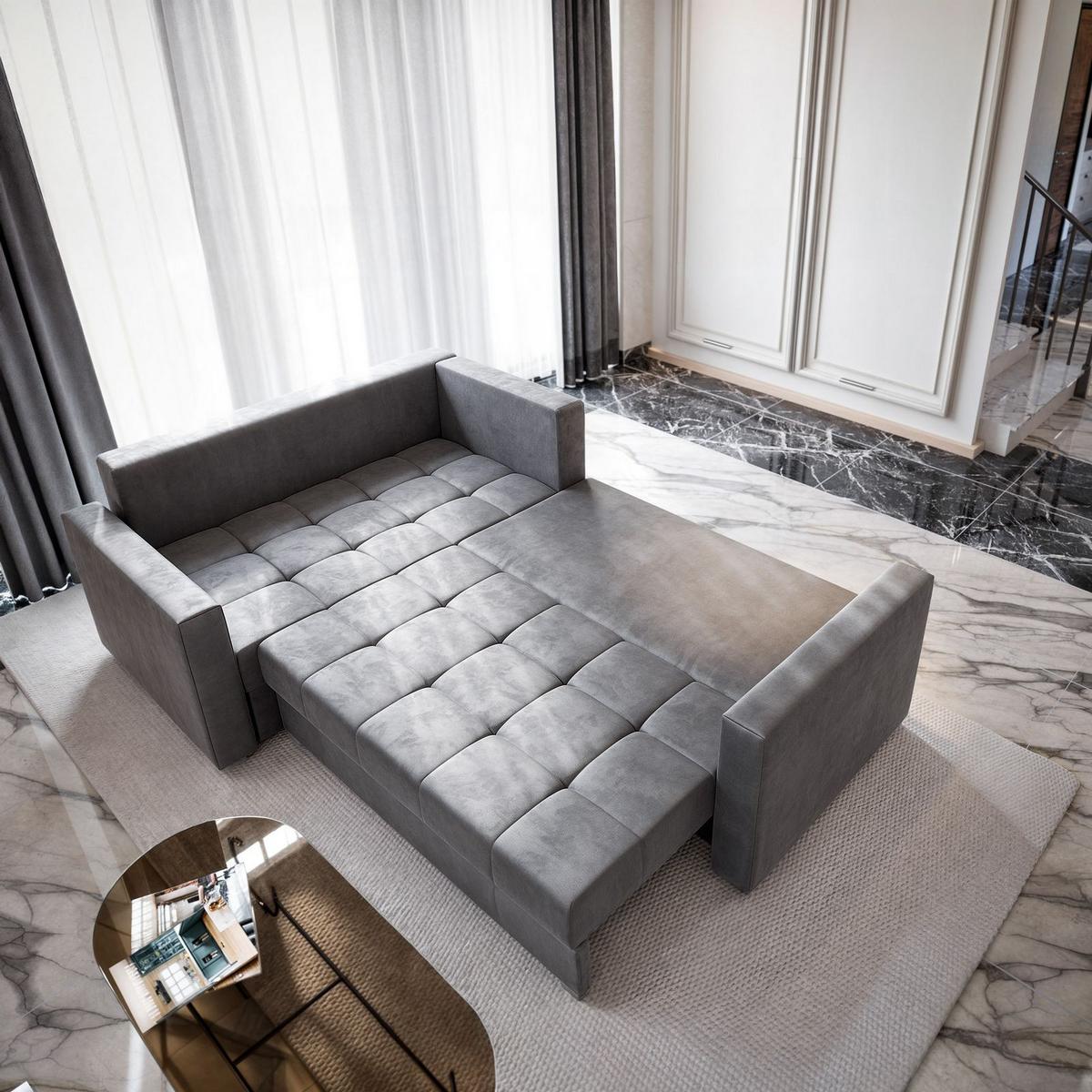 ECKSOFA LIRENO L-S Schwarz Plüsch-Stoff mit Schlaffunktion - Schwarz/Grau, Holz/Kunststoff (220/153cm) - MASSENO