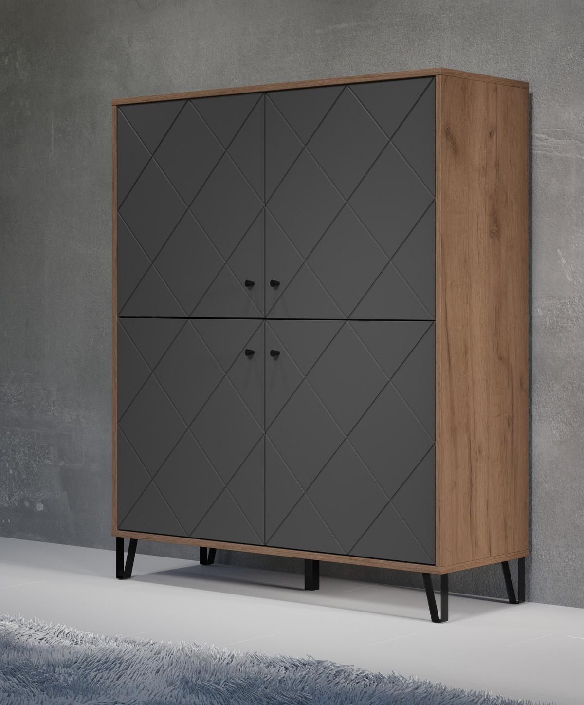 HIGHBOARD Graphite grau, Eiche Kraft Gold 123 x 136 cm, Kommode für Wohn- und Esszimmer - Eichefarben/Schwarz, Holzwerkstoff/Kunststoff (123/136/40cm) - Top.Furn