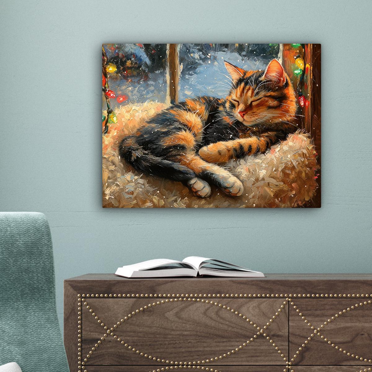 LEINWANDBILD Katze - Weihnachten - Winter - Tier Wandbild 40x30 cm - Bernsteinfarben, Textil (40/30cm) - MuchoWow