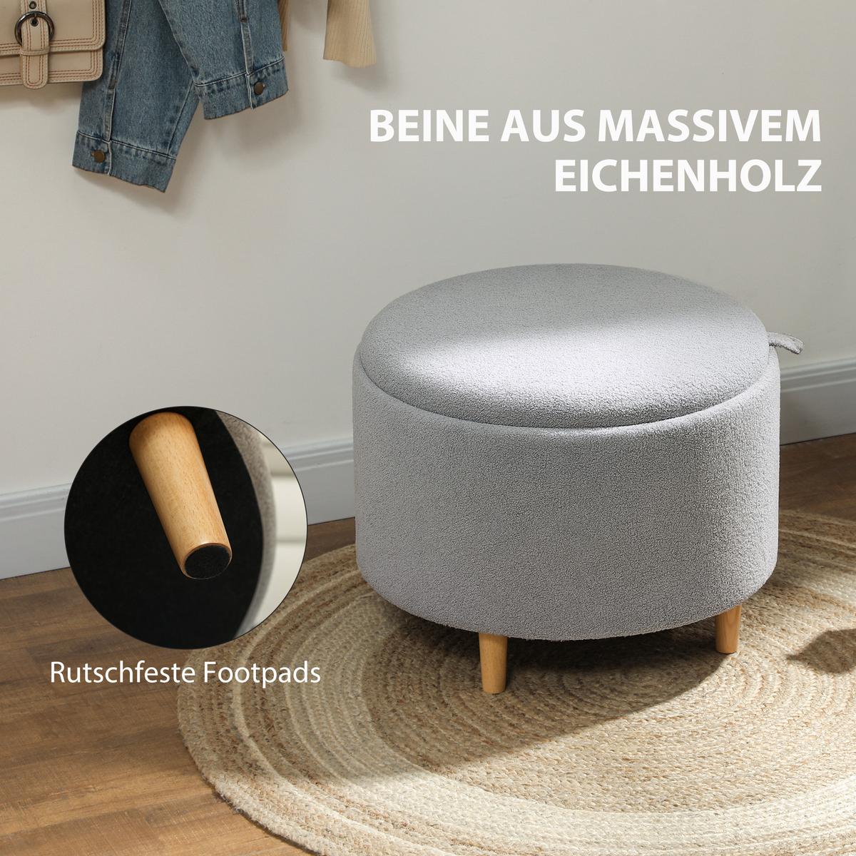 SITZHOCKER Ottomane mit Stauraum Runder Polsterhocker mit Klappdeckel, Grau - Naturfarben/Grau, Eichenholz/Kunststoff (56/42/56cm) - HOMCOM