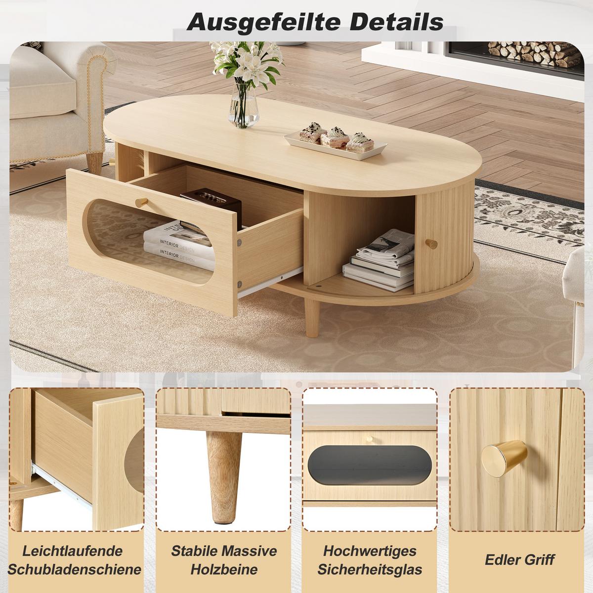 COUCHTISCH in Eiche-Optik – Ovales Design mit Glasschublade & Rolltüren - Eichefarben, Holzwerkstoff (50/100/36cm) - Urban Meuble