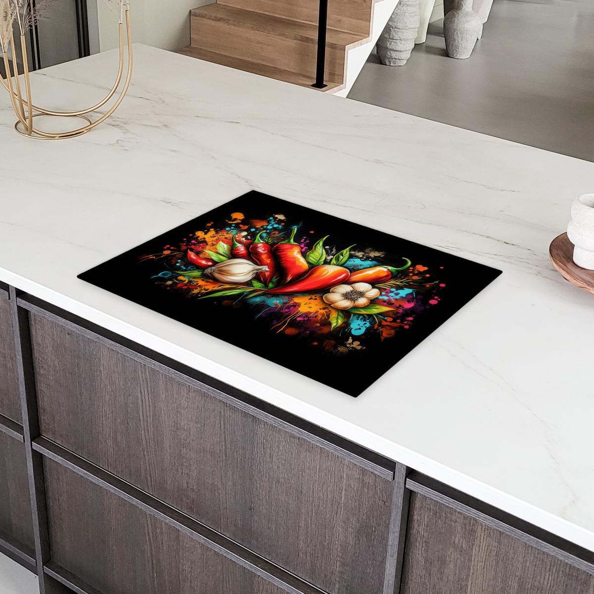 HERDABDECKPLATTE Gemüse - Paprika - Knoblauch - Graffiti - Farbe - Bunt Herdabdeckung Induktionsfeld 70x52 cm - Rot, Kunststoff (70/52/0.2cm) - MuchoWow