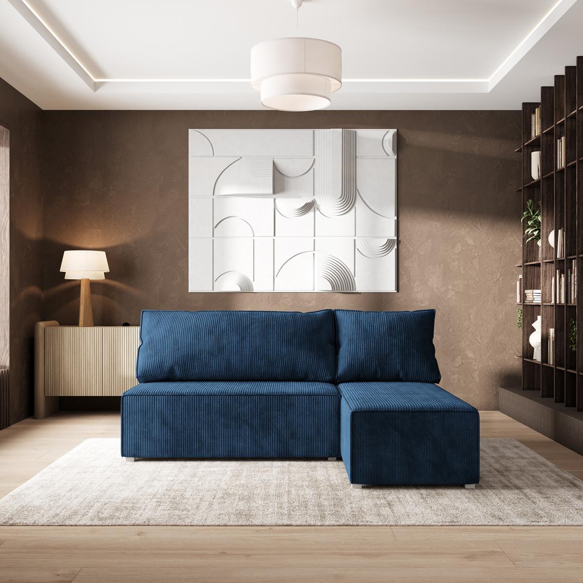 ECKSOFA BRISO P Blau Kordstoff mit Schlaffunktion - Blau/Grau, Holz/Kunststoff (200/140cm) - MASSENO