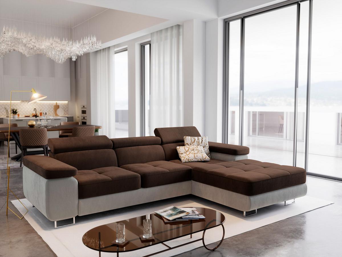 ECKSOFA ELMA R-S Braun Velours-Stoff mit Schlaffunktion - Silberfarben/Braun, Holz/Textil (280/205cm) - MASSENO