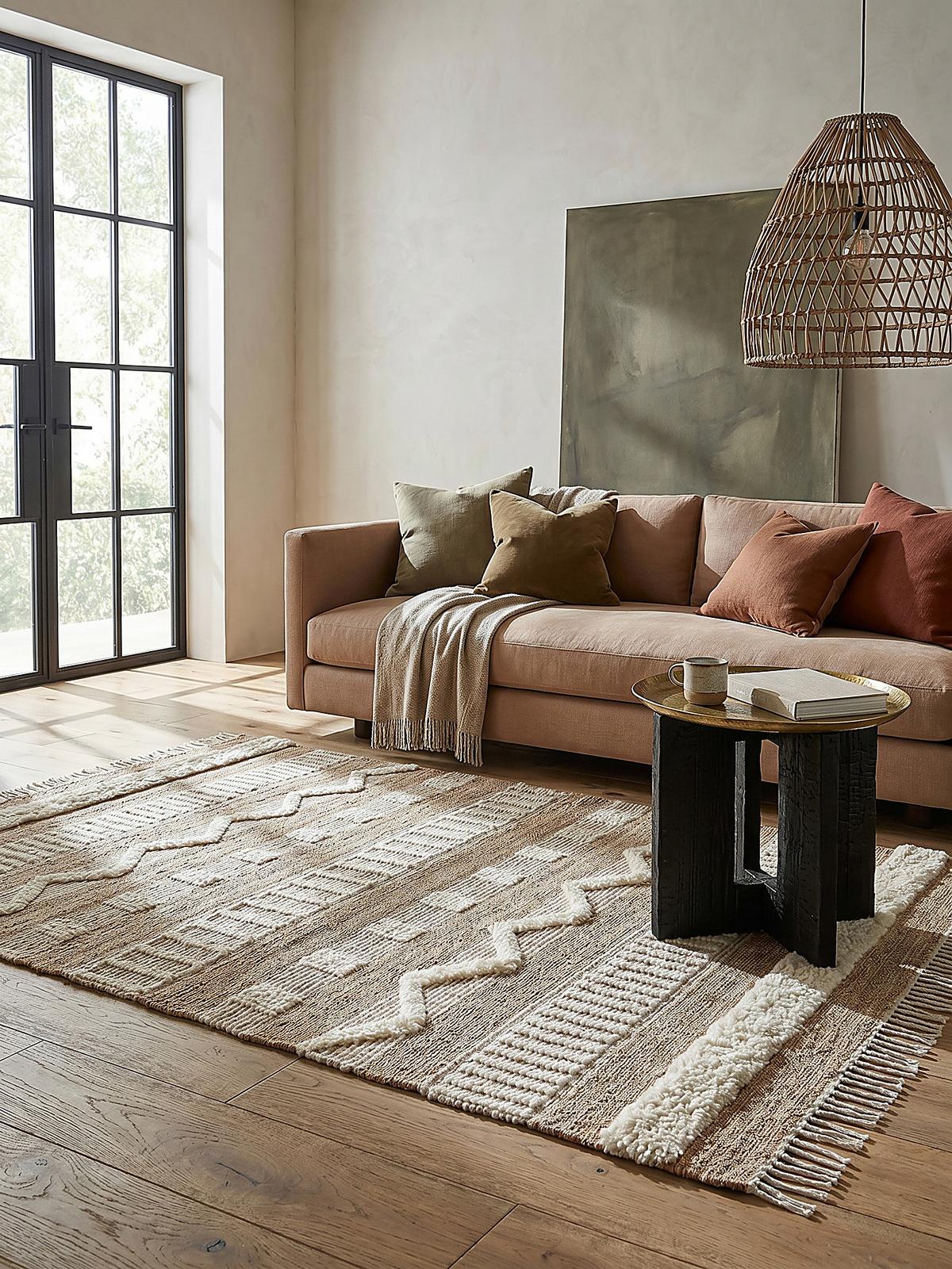 JUTETEPPICH handgewebt mit Fransen WHARFE, im Ethno-Stil, Natur-Weiß, 120 x 170 cm - Weiß, Textil (170/120cm) - KADIMA DESIGN