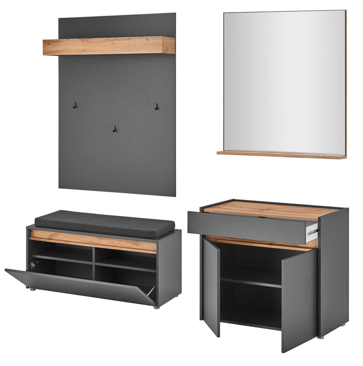 GARDEROBEN-SET 5-teilig grau matt, Eiche Wotan 190 cm, Kombination inklusive Sitzkissen - Eiche Wotan/Silberfarben, Glas/Holzwerkstoff (190/200/40cm) - Furn.Design
