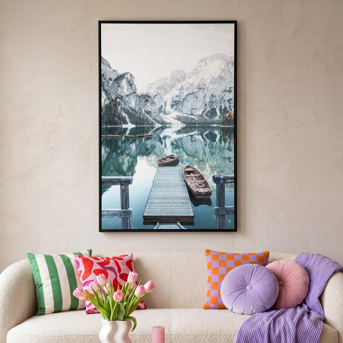 LEINWAND Bilder mit Rahmen - Natur - Berge - Schnee - Wald - Boot - 100x150 - Hellgrün, Textil (100/150cm) - MuchoWow