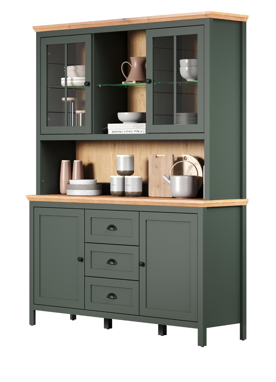 BUFFETSCHRANK grün, Evoke Eiche Landhaus 146 x 198 cm, Vitrine inklusive LED - Eichefarben/Schwarz, Glas/Holzwerkstoff (45/198/146cm) - Top.Furn
