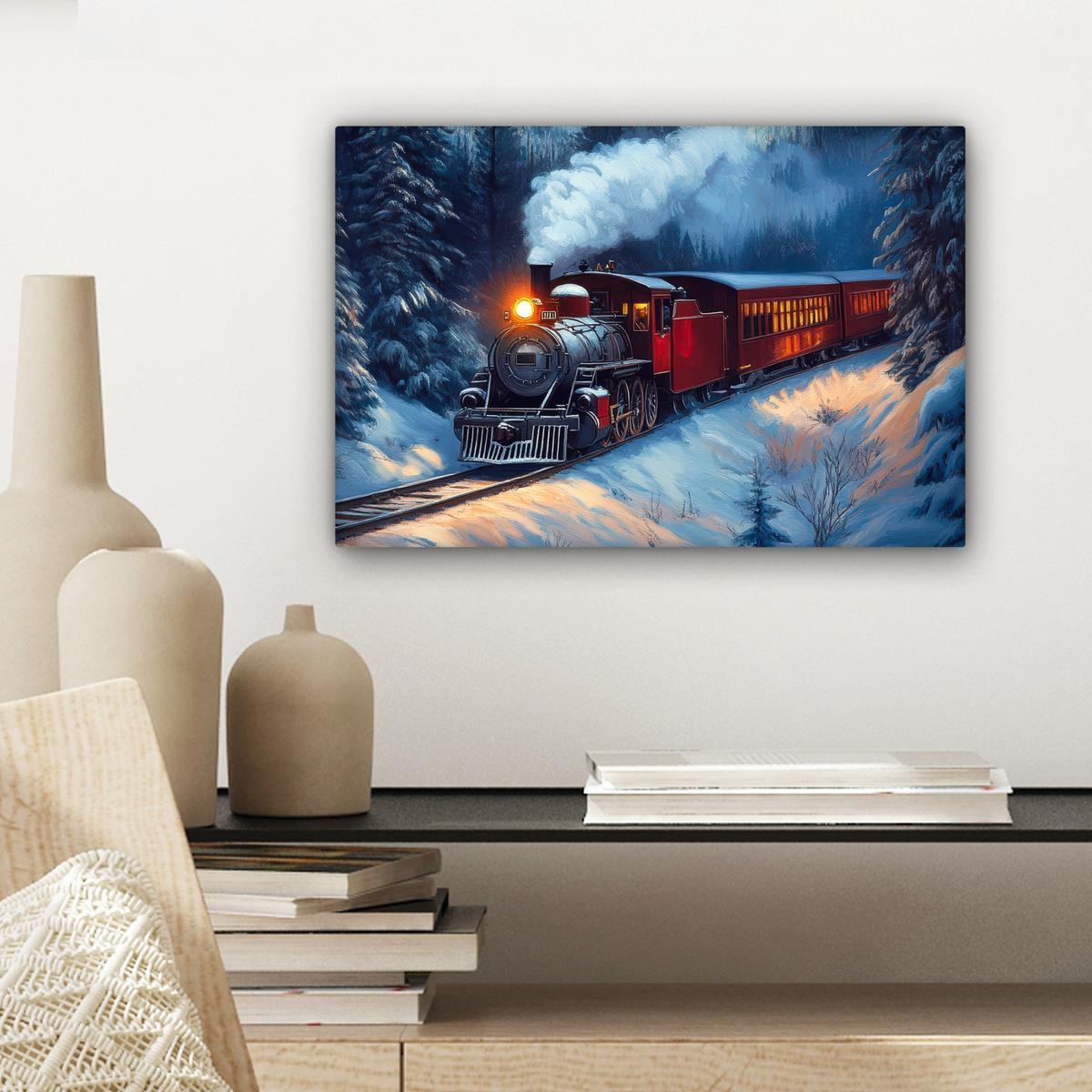 LEINWANDBILD Zug - Weihnachten - Schnee - Weihnachtszug Deko Schlafzimmer 30x20 cm - Anthrazit, Textil (30/20cm) - MuchoWow