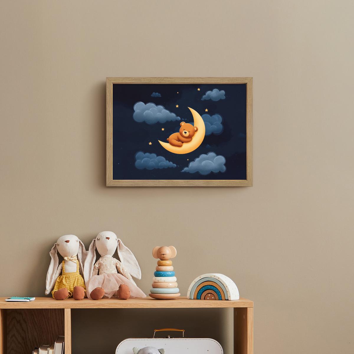 WANDLEUCHTE MIT AKKU Teddybär - Mond - Wolken - Sterne 40x30 cm - Dunkelblau, Holzwerkstoff (40/30/8cm) - OnlyWow