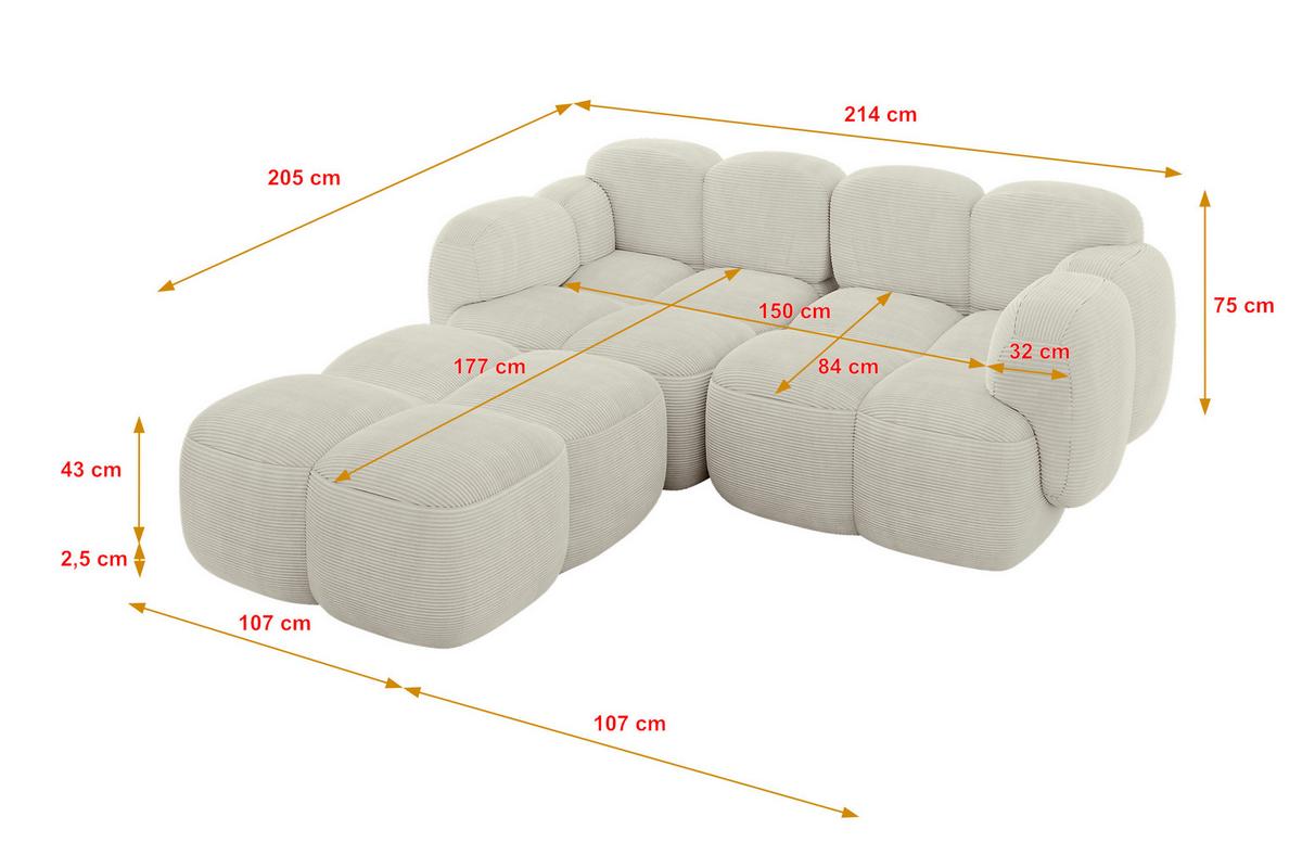 ECKSOFA modulares Sofa Links Miko-L1 214x205x75 Creme Cord - Schwarz/Mokka, Holzwerkstoff/Kunststoff (214/205cm) - ALTDECOR