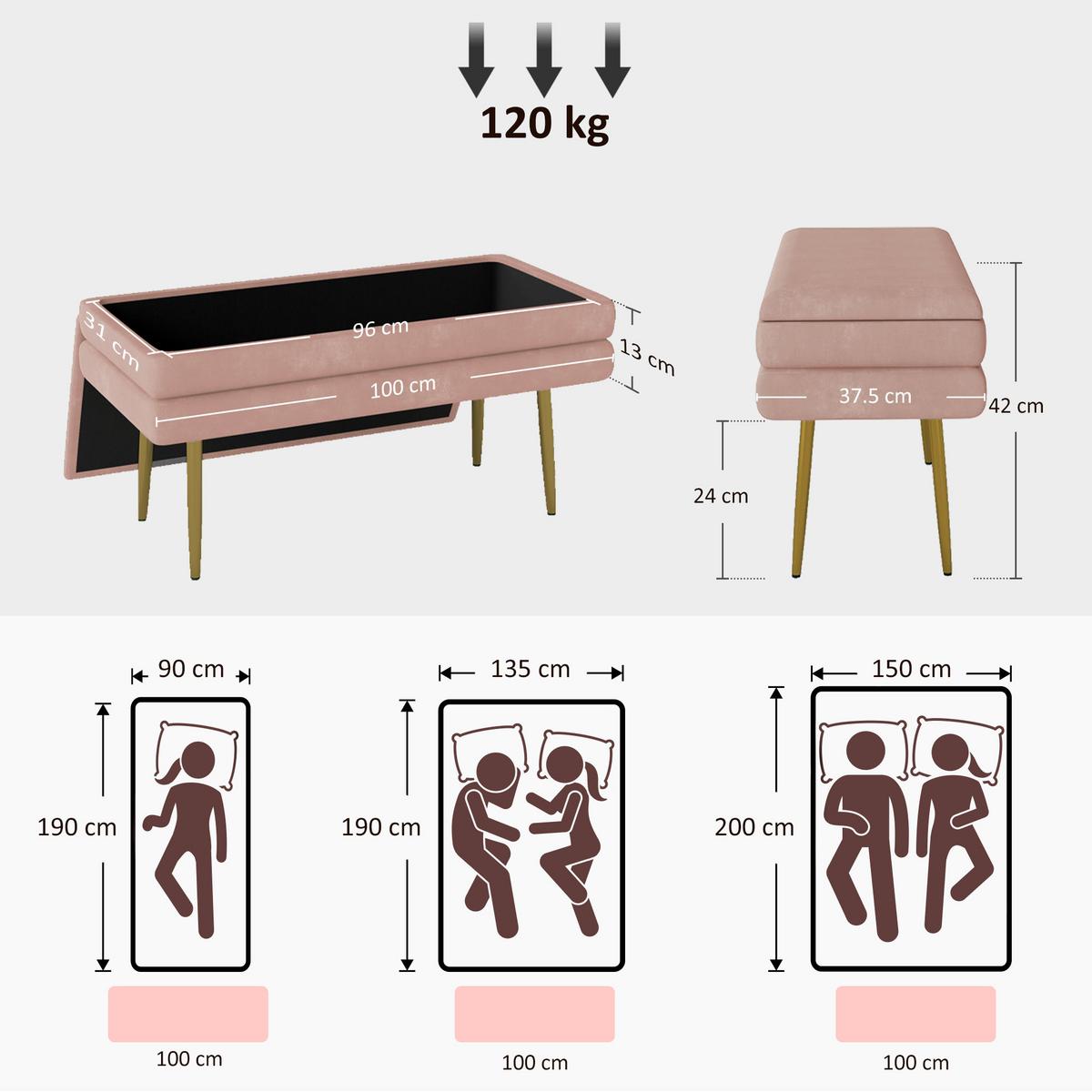 TRUHENBANK mit Stahlbeine, Rosa - Rosa, Kunststoff (37.5/42/100cm) - HOMCOM