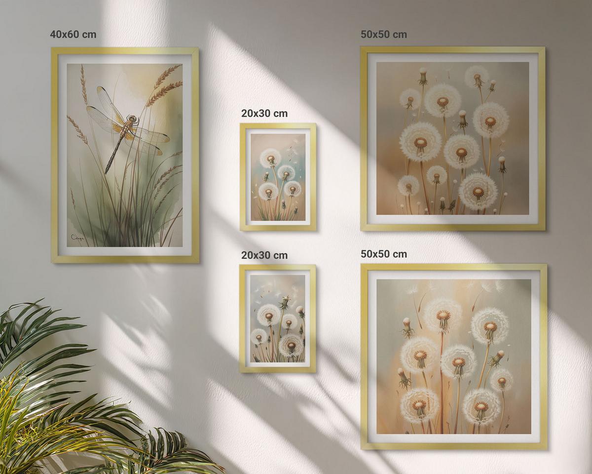 BILDER SET 5er Set - 50x50 cm & 20x30 cm & 40x60 cm Goldrahmen - Weiße Löwenzahnblüten auf hellem Hintergrund - Goldfarben, Kunststoff (40/60cm) - TULUP