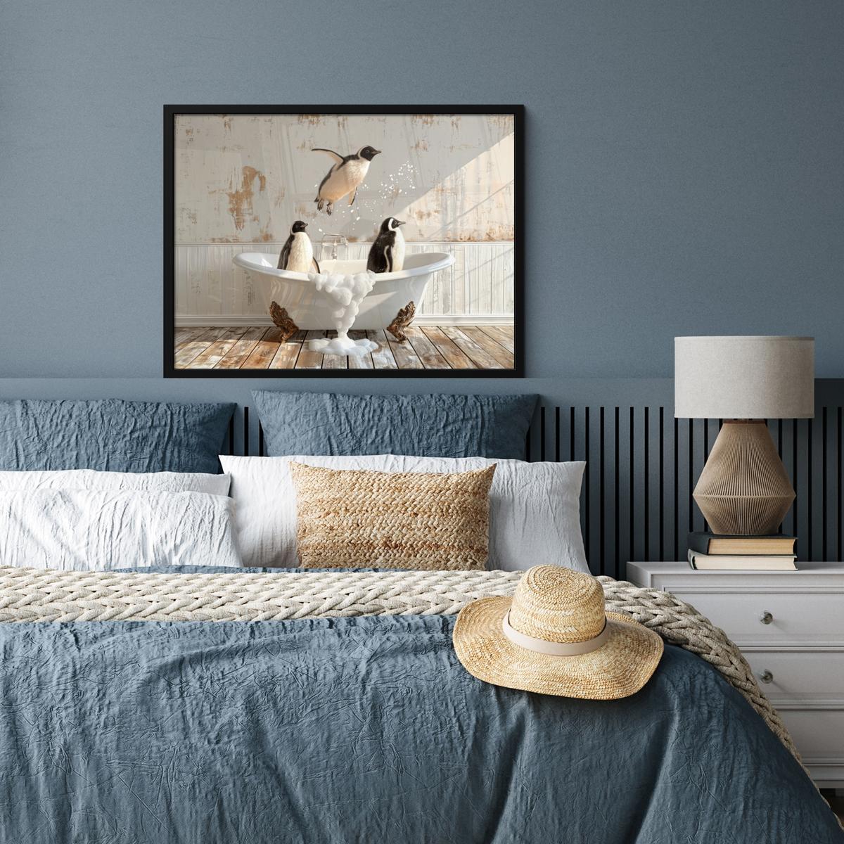 POSTER MIT RAHMENGERAHMTES BILD Vintage - Pinguin - Badewanne - Schaumstoff 80x60 cm - Schwarz, Papier (80/60cm) - MuchoWow