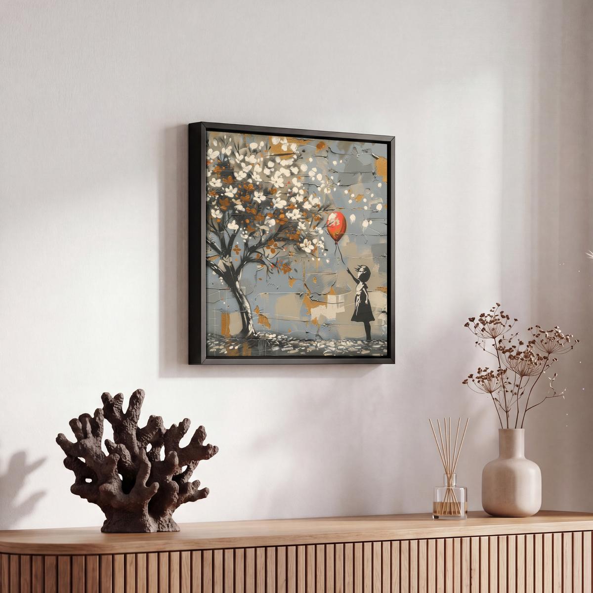 LEINWAND Bilder mit Rahmen - Baum - Graffiti - Banksy-Stil - Ballon-Mädchen - 20x20 - Blaugrau, Textil (20/20cm) - MuchoWow