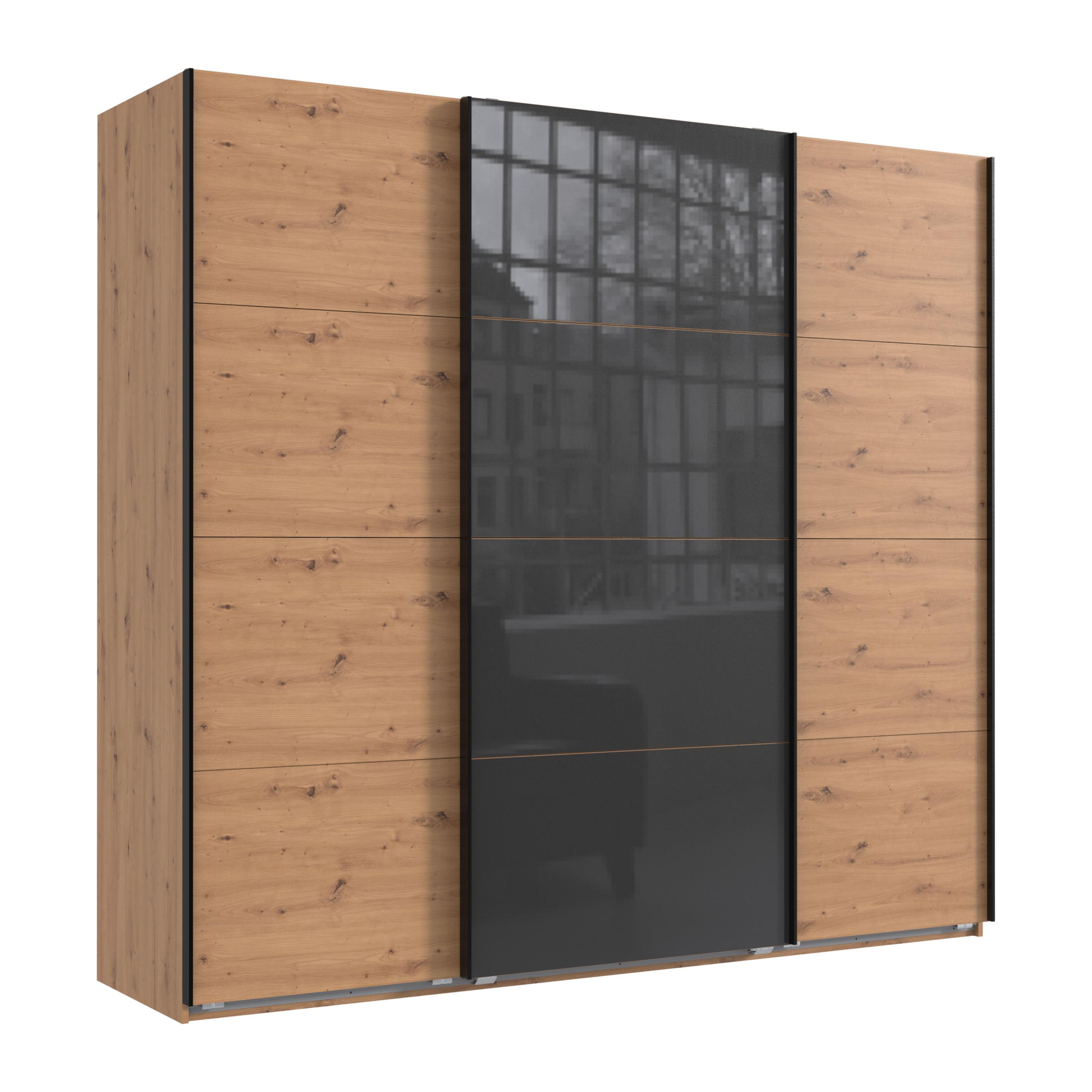 SCHWEBETÜRENSCHRANK 3-türig B225/H208/T64 cm in Eiche Artisan Dekor, Kleiderschrank mit einer Glasfront-Tür in Grau / 22524 - Edelstahlfarben/Eichefarben, Holzwerkstoff/Metall (225/208/64cm) - luma-home