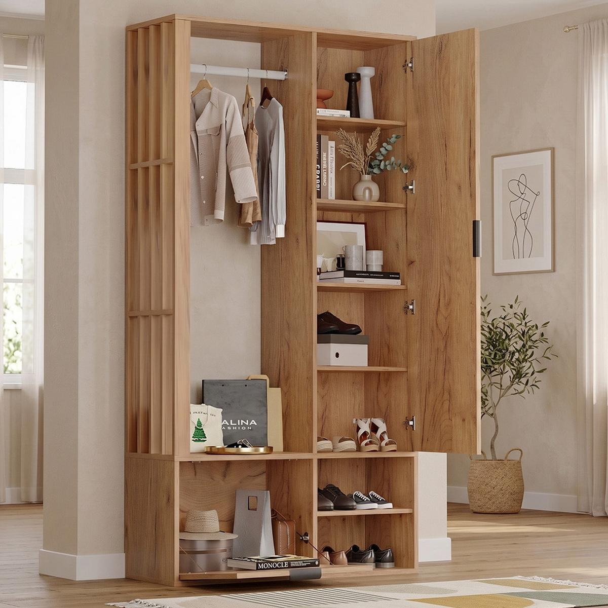 KLEIDERSCHRANK 6-in-1 mit Spiegel, & Wäscheständer Holzfarbe - Naturfarben, Holzwerkstoff (100/190/33cm) - Urban Meuble