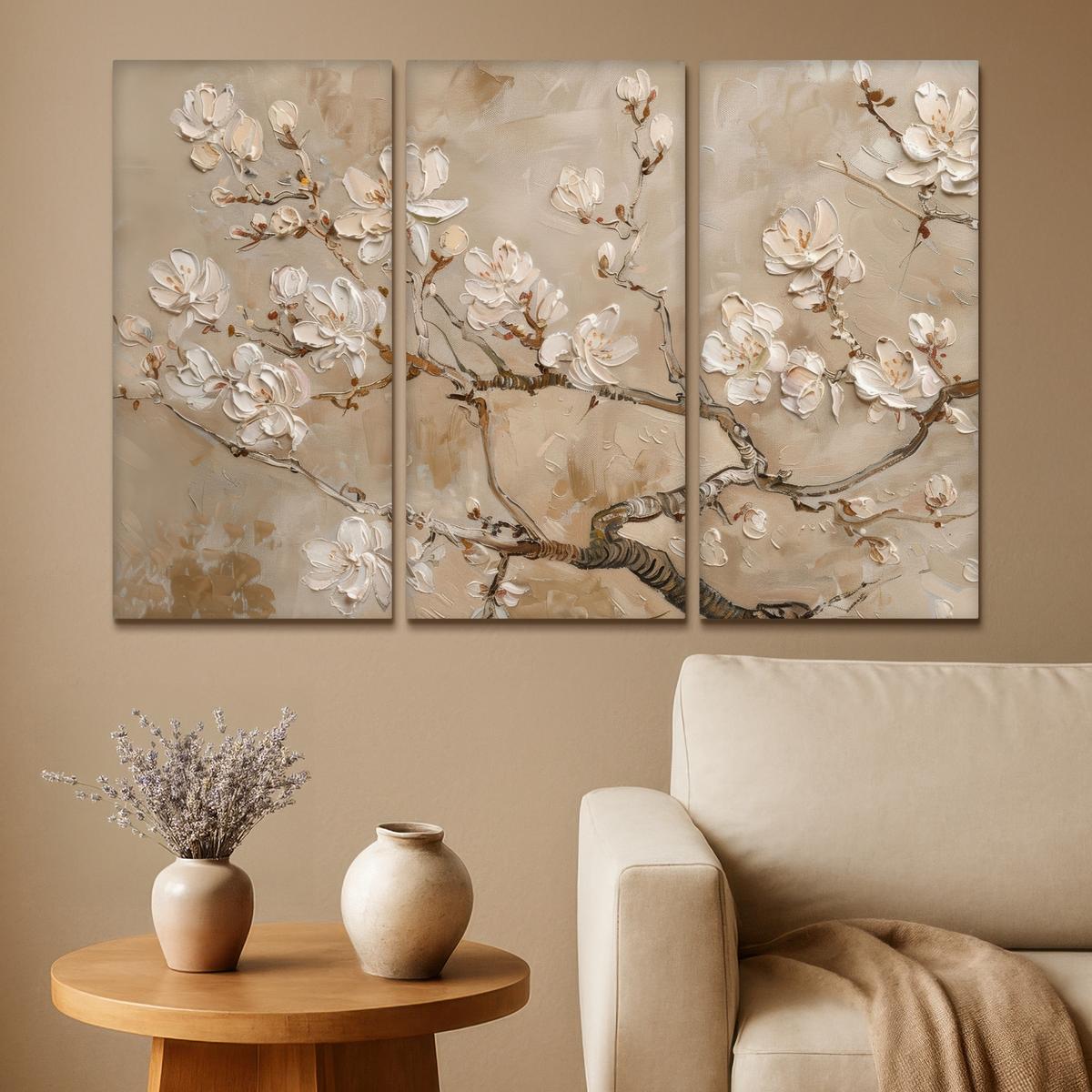LEINWANDBILD 3er Set Beige - Blüte - Modern 120x80 cm - Beige, Textil (120/80cm) - MuchoWow