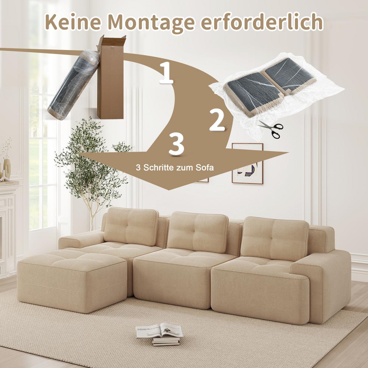ECKSOFA Modulares Boneless L-Form Cloud-Sofa mit Ottoman Cord - Beige, Textil (293/177cm) - Urban Meuble