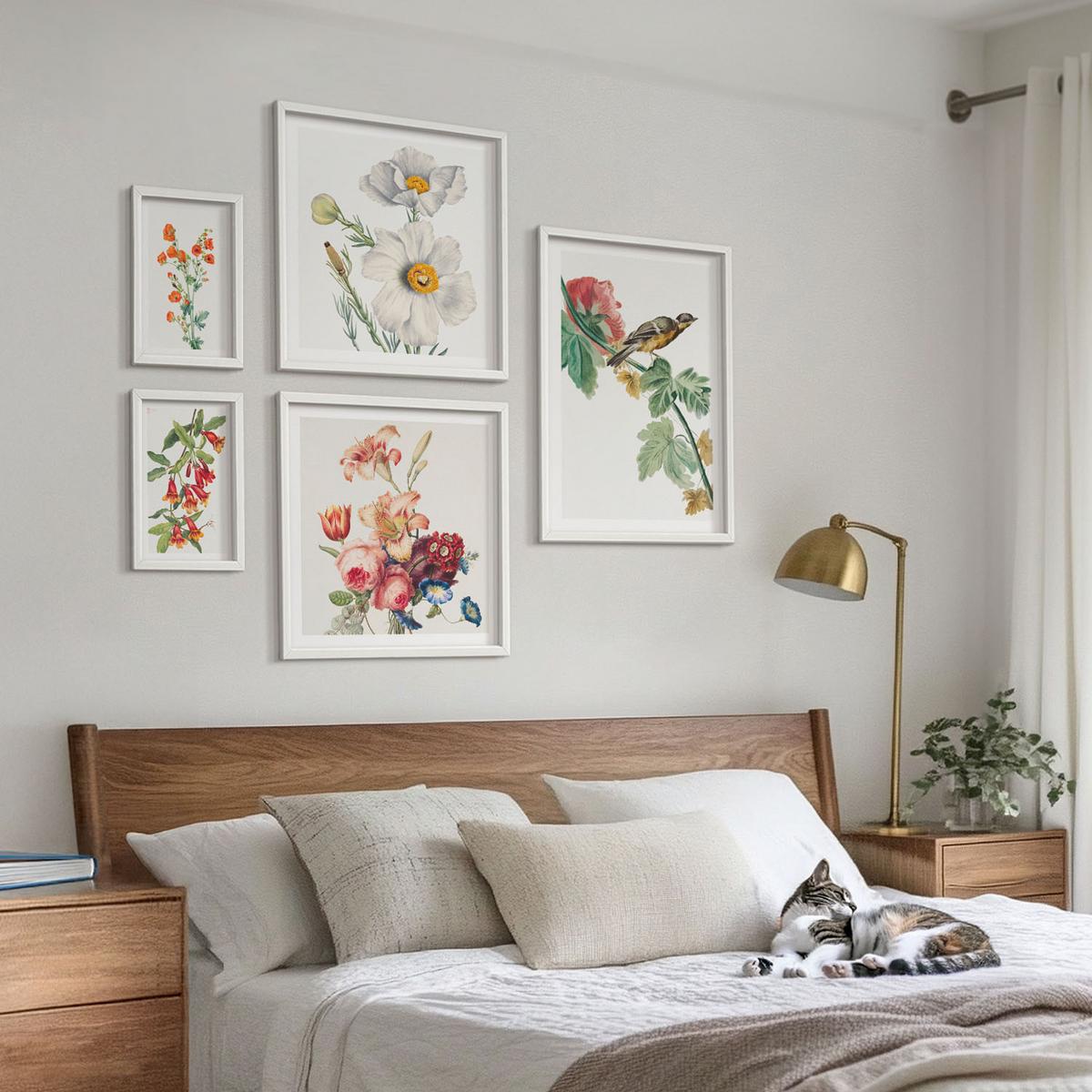 BILDER SET 5er Set - 50x50 cm & 20x30 cm & 40x60 cm Weißer Rahmen - Gemalte Blumen, Retro-Vogel - Weiß, Kunststoff (40/60cm) - TULUP