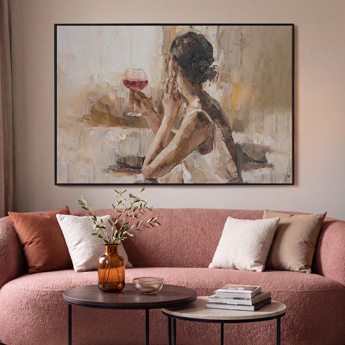 LEINWAND Bilder mit Rahmen - Ölgemälde - Frau - Wein - 140x90 - Hellbraun, Textil (140/90cm) - MuchoWow