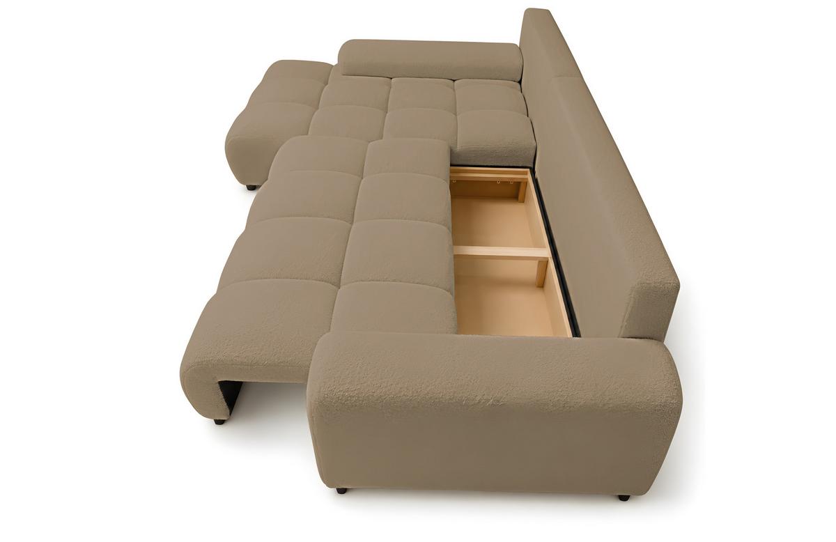 ECKSOFA Ovia mit Bettkasten und Schlaffunktion, Bouclé-Stoff in L-Form - Cappuccino, Textil (270/185cm)