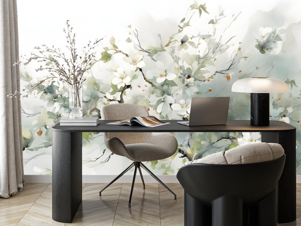 FOTOTAPETE für Wohnzimmer Aquarellbaum Blumen Natur 200x140 - Beige/Weiß, Papier (200/140cm) - Muralo
