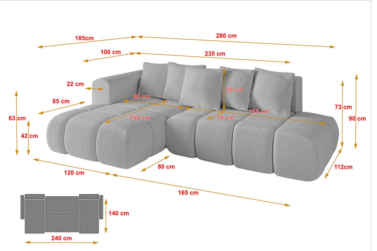 ECKSOFA Ottomane Links CLOUD-L-v1 280x185x90 Hellgrau Bouclé - Hellgrau, Holzwerkstoff/Kunststoff (180/289cm) - ALTDECOR