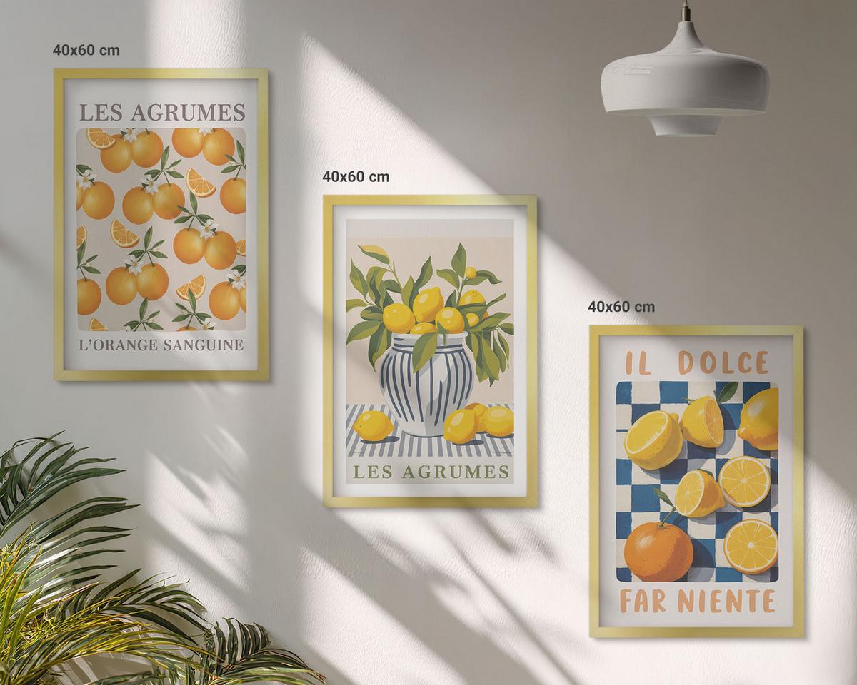 BILDER SET 3er Set - 40x60 cm Goldrahmen - Retro gelbe Zitrusfrüchte - Goldfarben, Kunststoff (40/60cm) - TULUP