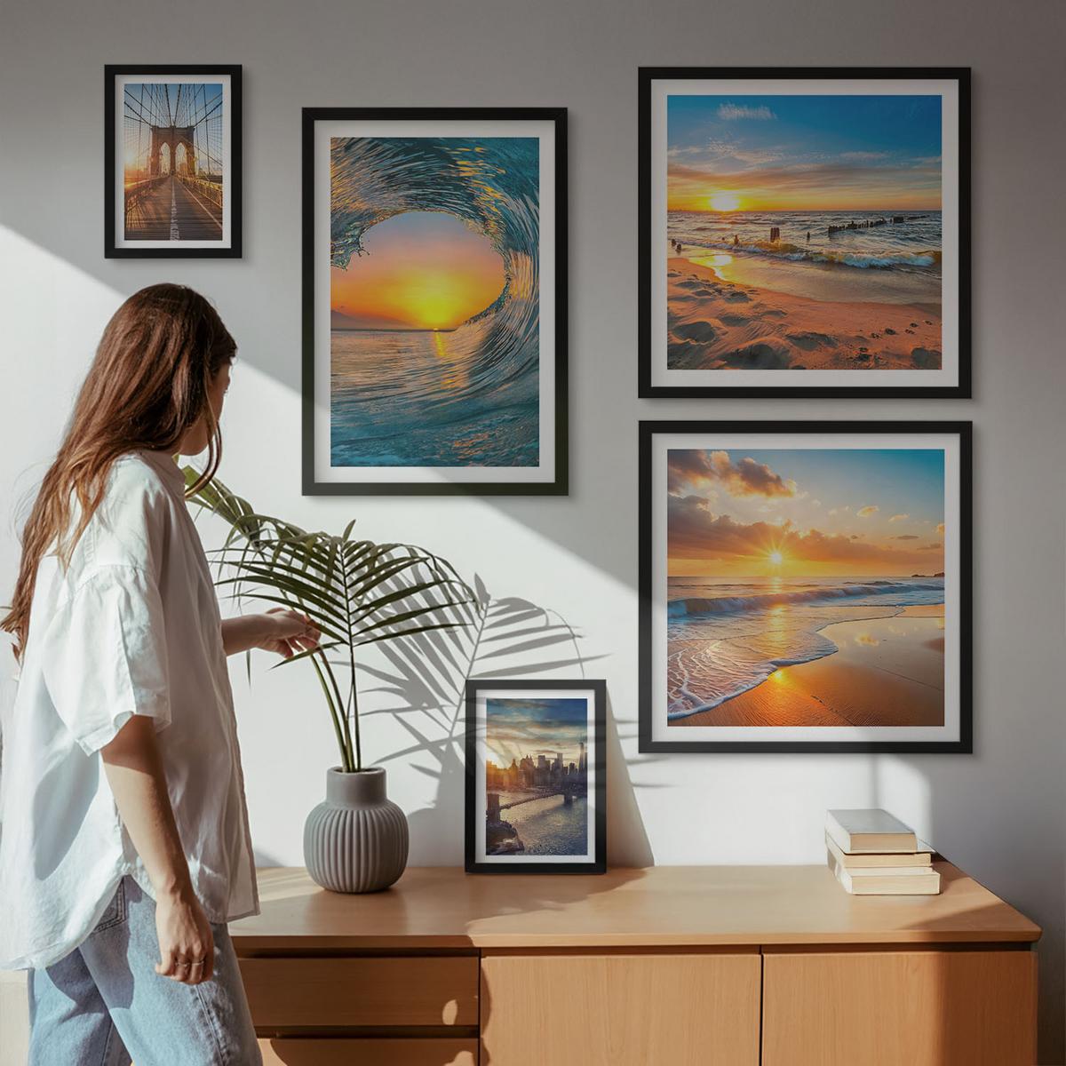 BILDER SET 5er Set - 50x50 cm & 20x30 cm & 40x60 cm Schwarzer Rahmen - Brücken, Sonnenuntergänge, Stadt - Schwarz, Kunststoff (40/60cm) - TULUP